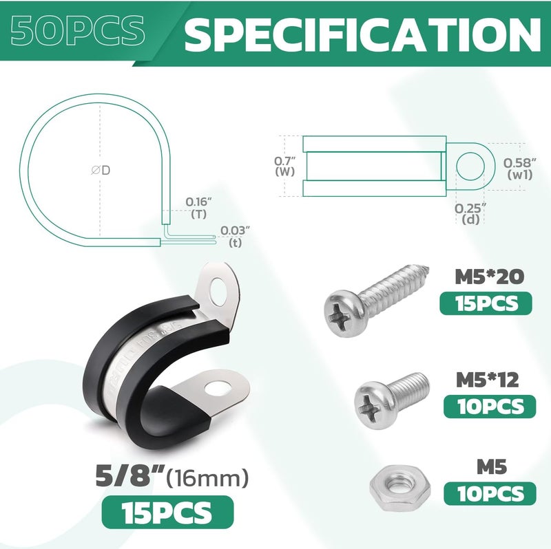 ORU 15PCS 5/8 Inch Cable Clamps with 35PCS Screws Assortment Kit 304 Stainless Steel Rubber Cushioned Insulated Cable Clamp, Automotive Wire Pipe Clamps(16mm) - Image 5